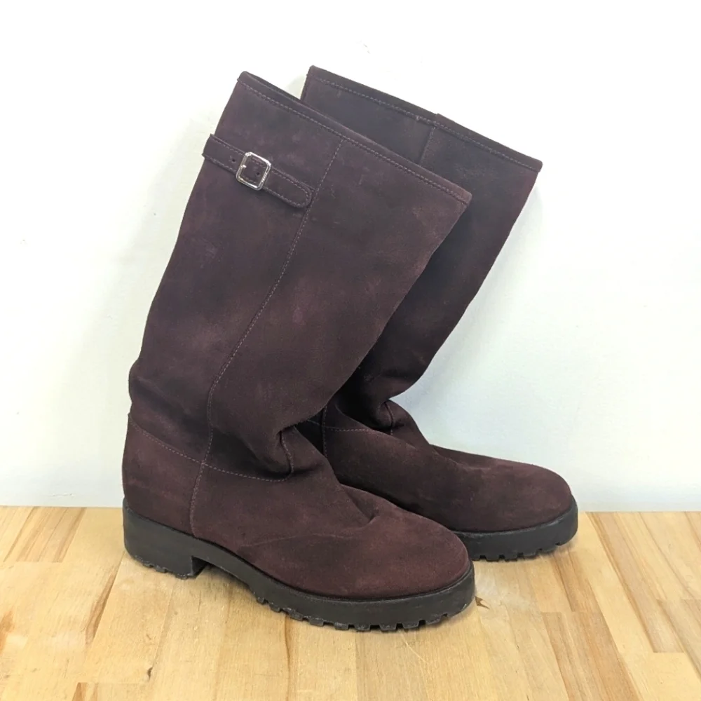 Bally Tall Suede shearling Boots Maroon Apres Ski Designer 36 5.5 / 6 Lug Soles